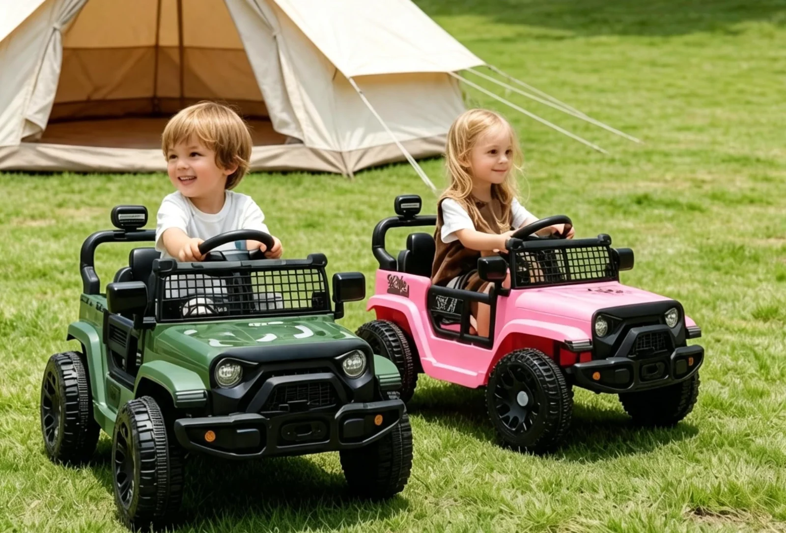 Two ELEMARA twelve-volt ride-on cars on a lawn