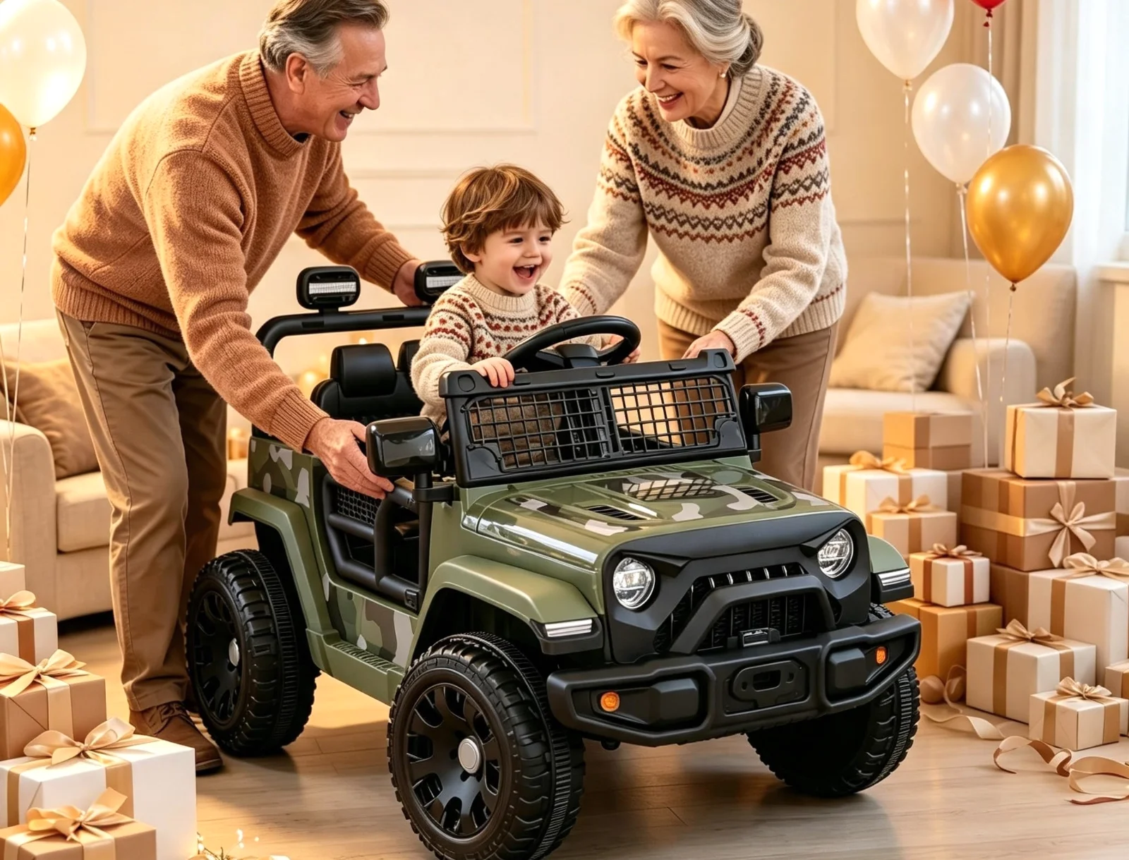 A first car coming out of the box, with two adults doing the assembling